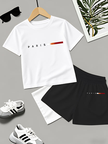 Boys' Summer Casual Striped T-Shirt & Shorts Set, Lightweight Polyeste
