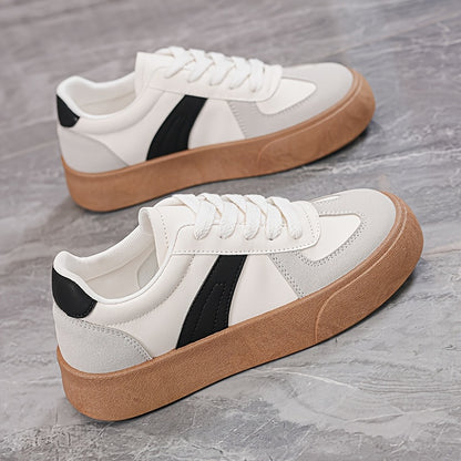 Women'S Striped Lace-Up Sneakers, Low Top Casual Shoes, All-Season Comfortable Lightweight Footwear, Plain Toe, Polyurethane Upper, Fabric Inner, Rubber Sole, Fabric Insole