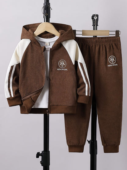 Boys' Casual Hooded Zip-Up Jacket & Pants Set for Spring/Fall - ayq