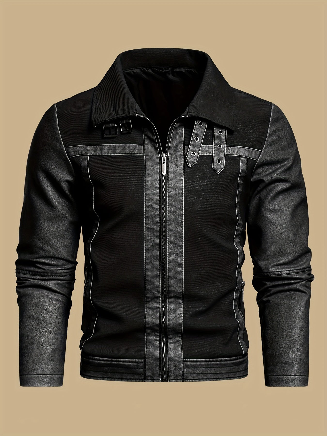 Men's Vintage PU Leather Biker Jacket with High Collar