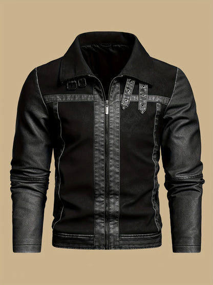 Men's Vintage PU Leather Biker Jacket with High Collar