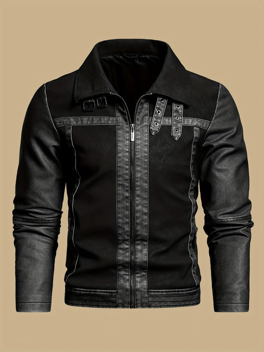 Men's Vintage PU Leather Biker Jacket with High Collar