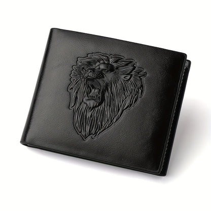 1pc Men's Lion 3D Embossed Pattern Wallet, Business PU Leather Wallet