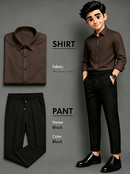 Men's Business Casual Two-Piece Suit with Lapel Shirt and Drawstring P