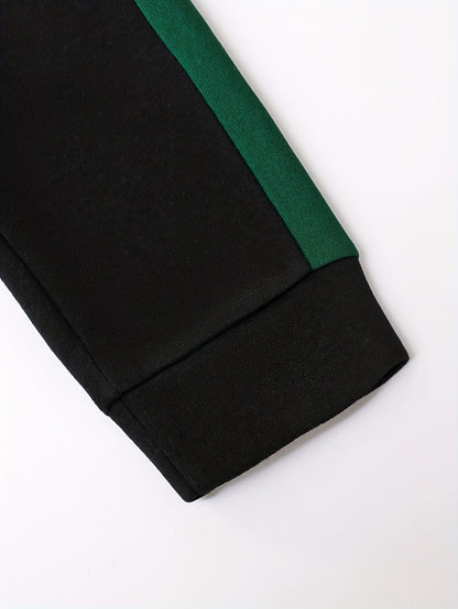 2pcs Boys' Autumn/Winter Fleece-Lined Hooded Sweatshirt and Pants Set, Simple Letter Print Fashion Classic Outfit for Outdoor Sports and Casual Wear, 100% Polyester Knit Stretch Fabric, Ideal Gift Choice for Kids, Perfect for