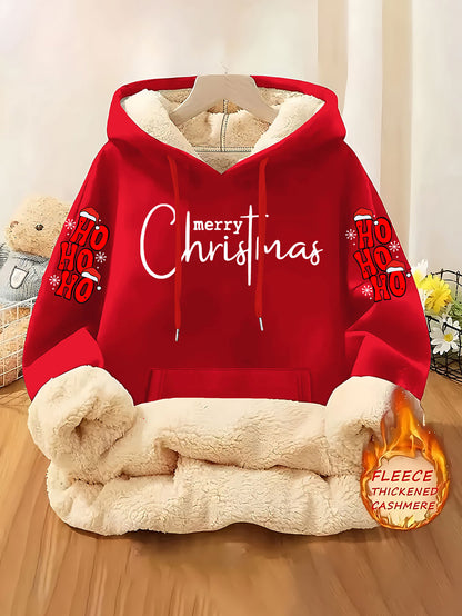 Christmas & Merry Christmas Letter Element Printed Women's Lined Hooded Sweatshirt, Thick and Warm Polyester Fabric Jacket, Suitable for Casual Composite Fabric Warm Clothing for Autumn and Winter Season