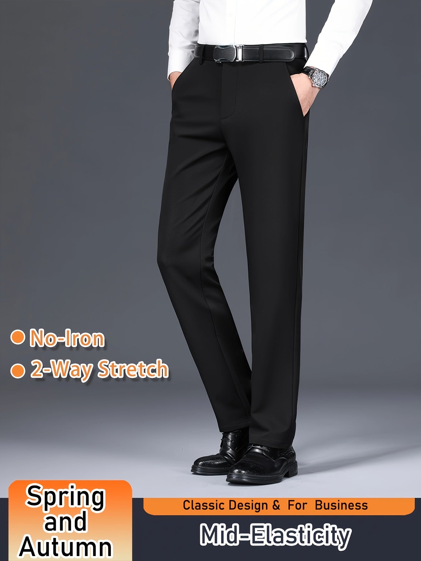 Men's Solid Color Dress Pants, Classic Design Slightly Stretch Formal Dress Pants For Business Occasions, Spring And Fall