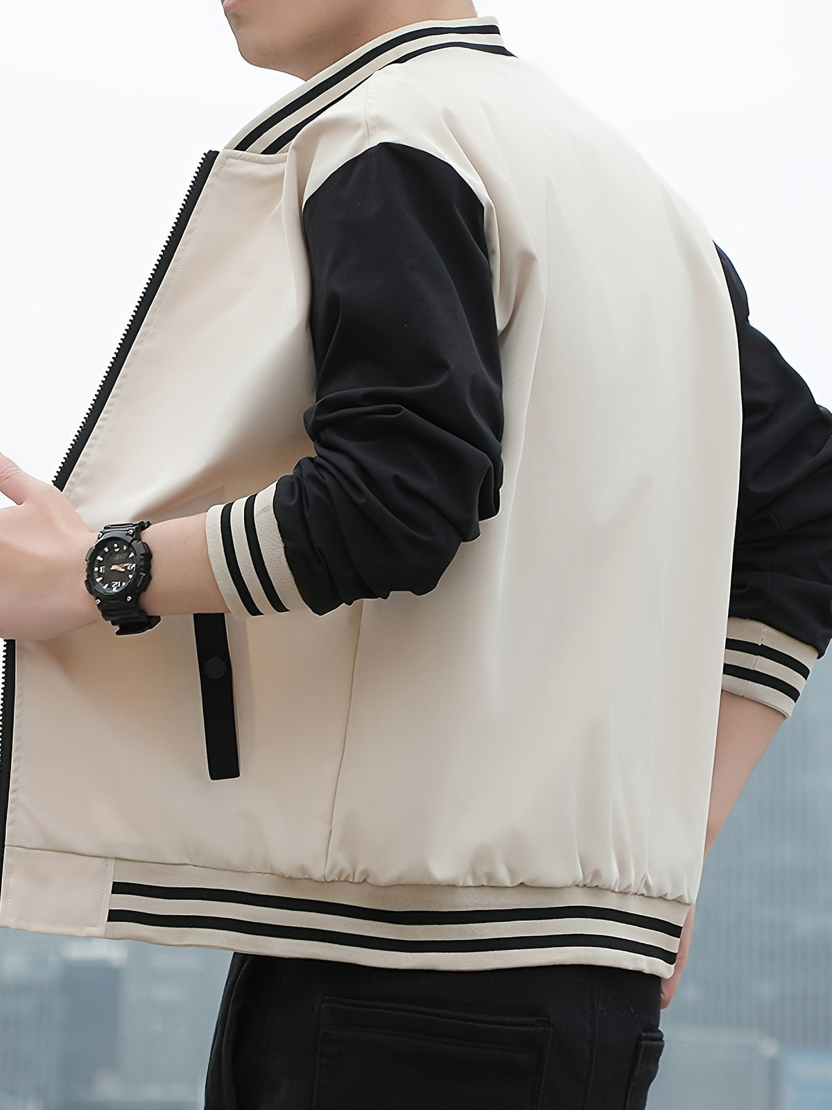 Men's Casual Autumn Jacket with Geometric Pattern, Polyester