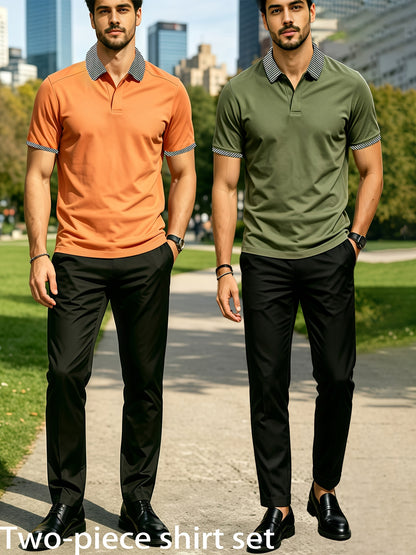 Men's Summer Plaid Collar Polo & Black Pants Casual Set