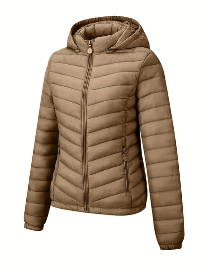 Կանացի թեթև, սև, գլխարկով ձմեռային բաճկոն՝ գրպաններով - Էլեգանտ երկար թևքերով վերնազգեստ, նեյլոնե նյութ, կայծակաճարմանդով դիզայն, իդեալական է առօրյա կամ ճանապարհորդության համար, ձմեռային վերարկուներ