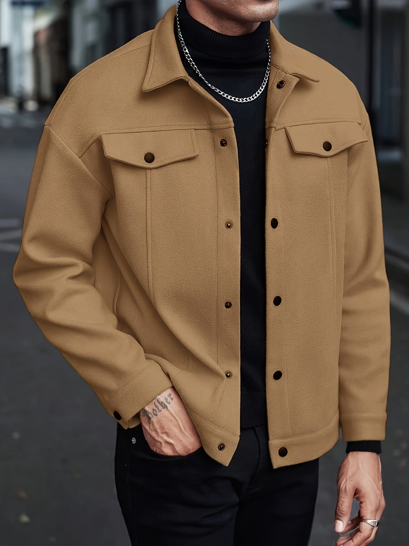 Men's European-Style Casual Jacket - Collar Button Coat, Beige/Brown/Burgundy/Tan, Machine-Washable Blazer for Spring/Fall, Tailored Fit (No) - Versatile Outerwear for Casual & Formal Events