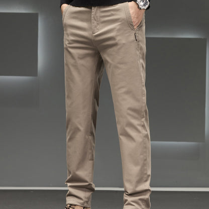 Men's Classic Business Trousers - Lightweight Polyester Straight-Leg Pants For Spring/Fall - Button Details - Non-Elastic Fabric - Solid Color - Regular Fit