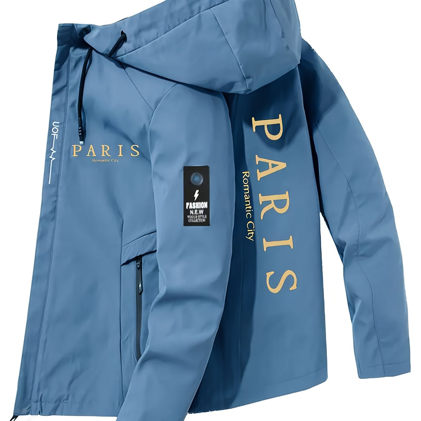 Men's Heavy-Duty Winter Hooded Jacket with Paris Print & French Label-Like Pocket - Full-Zip Full-Length Coat, Slim-Fit Casual Outerwear (Machine Washable) - Blue/Golden for Business & Everyday Use (), Mens Clothes, Workwear