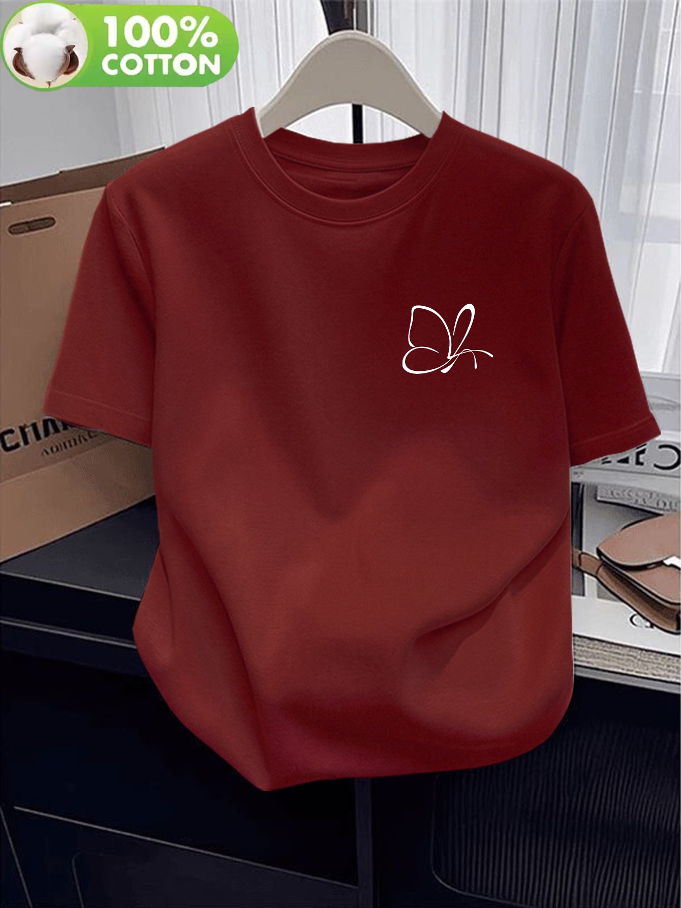 Women's Casual Cotton T-Shirt with Butterfly Applique, Lightweight Fit