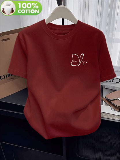 Women's Casual Cotton T-Shirt with Butterfly Applique, Lightweight Fit