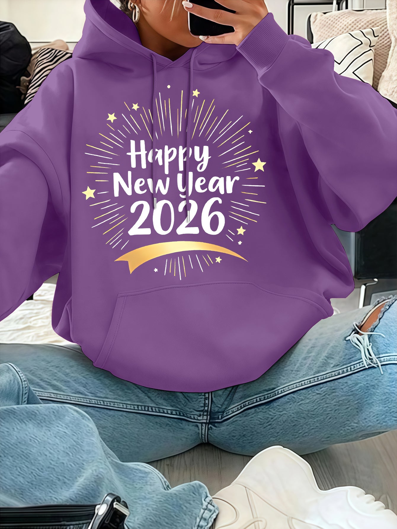 Women'S Pink "Happy New Year 51.46meter Print Hoodie - Cozy Casual Pullover with Golden Glittery Lettering, Long Sleeves, and Drawstring Hood, Perfect for Winter Celebrations, Winter Hoodie | Festive Print Hoodie | Stretchy F