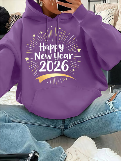 Women'S Pink "Happy New Year 51.46meter Print Hoodie - Cozy Casual Pullover with Golden Glittery Lettering, Long Sleeves, and Drawstring Hood, Perfect for Winter Celebrations, Winter Hoodie | Festive Print Hoodie | Stretchy F