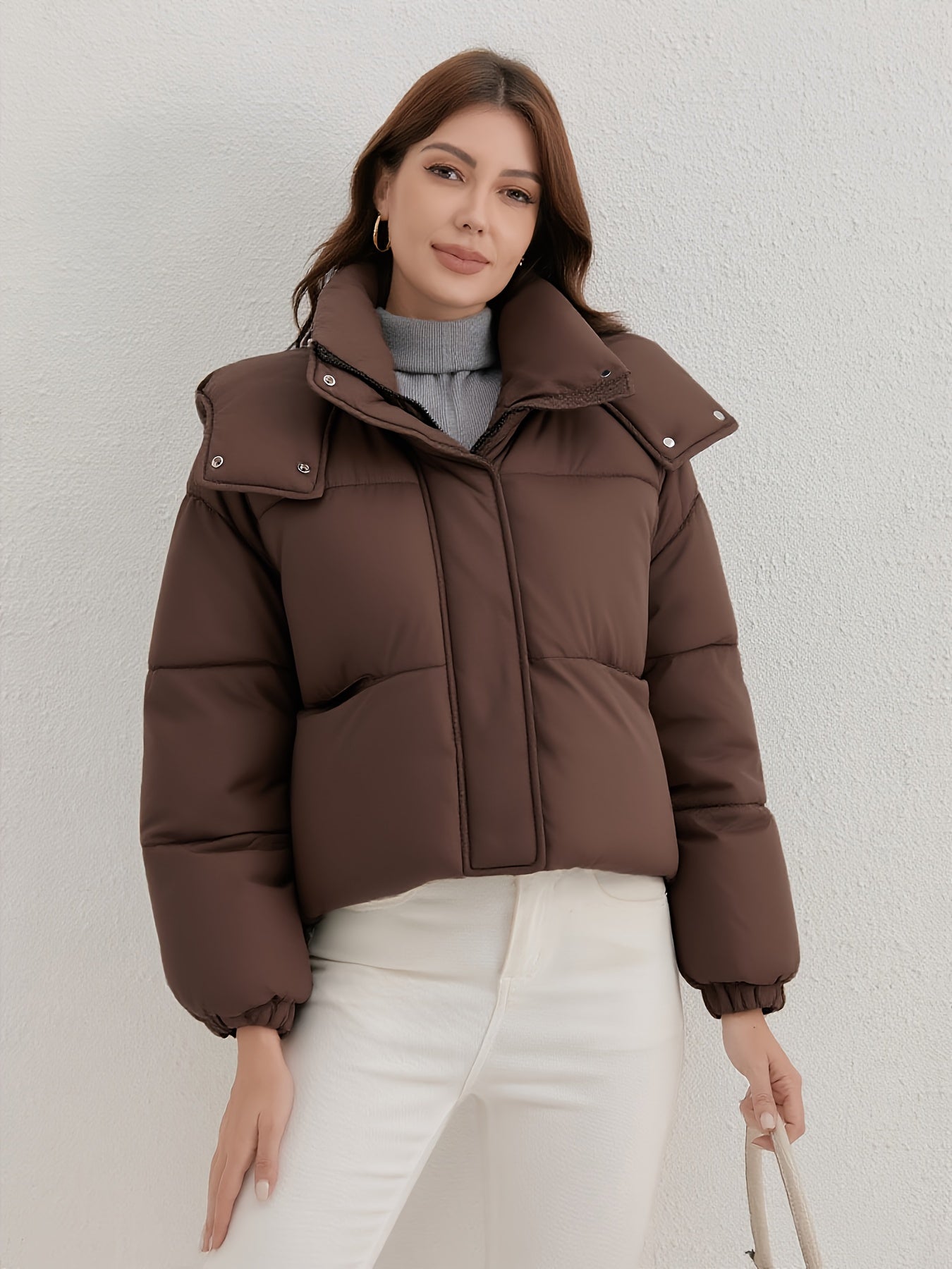 Women'S Lightweight Hooded Jacket - Warm Winter Coat with Full-Zip Closure, Stand Collar, Outer Shell - Easy-Care Cold Weather Outerwear for Everyday & Formal, Winter Jacket, Casual Winter Wear, Highneck Design, Durable Winte
