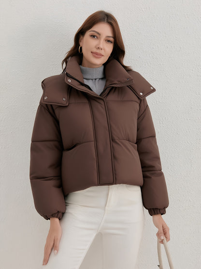 Women'S Lightweight Hooded Jacket - Warm Winter Coat with Full-Zip Closure, Stand Collar, Outer Shell - Easy-Care Cold Weather Outerwear for Everyday & Formal, Winter Jacket, Casual Winter Wear, Highneck Design, Durable Winte