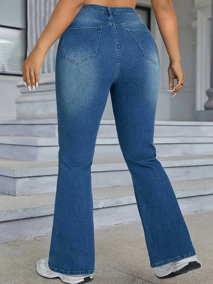 Women'S Plus Size Fashion Flare Jeans, էլեգանտ միագույն ջինս, 65% 20% պոլիեսթեր 14% վիսկոզա 1% սպանդեքս, միջին ձգվող, ամբողջ սեզոնային, լվացված ֆինիշ, հյուսված գործվածք, 410 գ/մ² - ամենօրյա շքեղություն