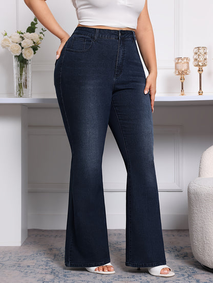 Plus Size Flare Leg Plain Washed Casual ոճի կայծակաճարմանդ կոճակով փակվող ջինսե տաբատ, կանացի ջինսե ջինսեր և հագուստ