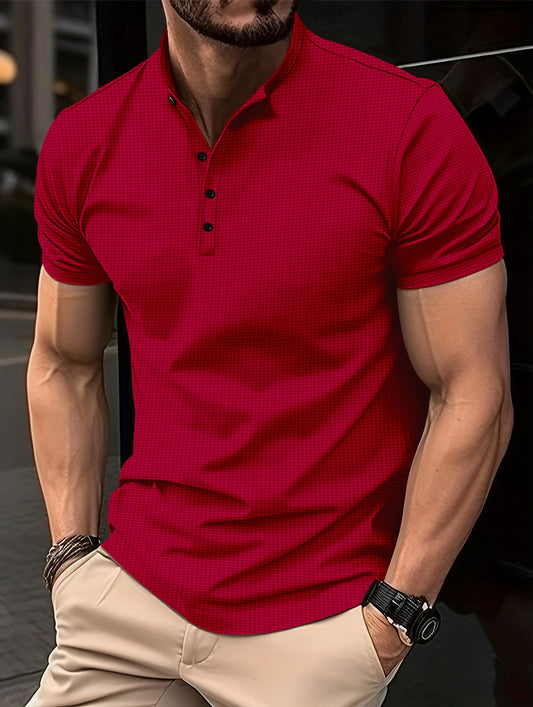 1pc Men'S Vintage Waffle-Knit Crew Neck Polo Shirt, 95% Polyester 5% Cotton Blend, Solid Color, Slight Stretch Knit Fabric, Summer Regular Fit with Buttons