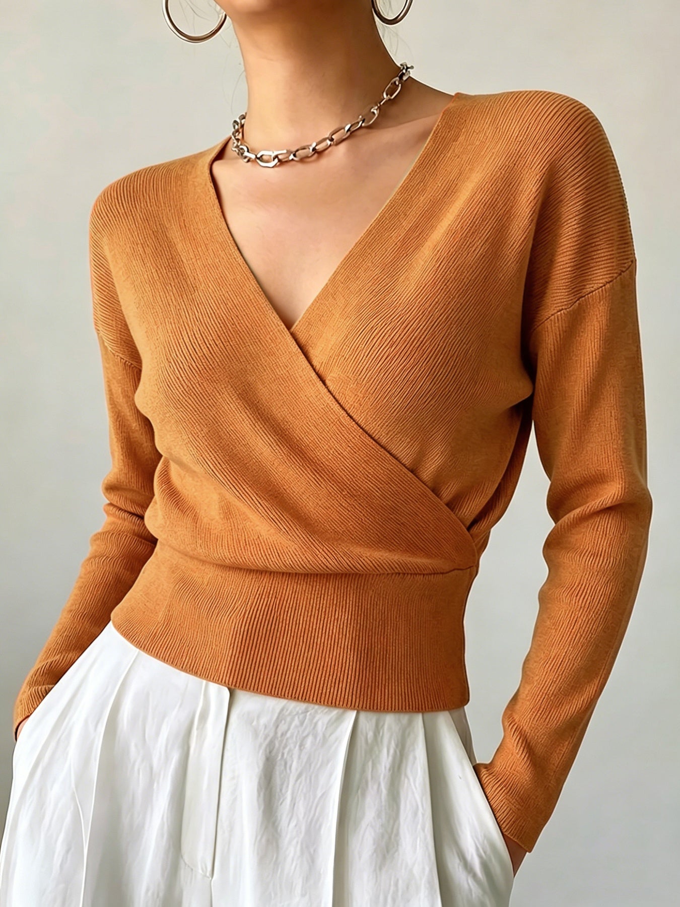 Women's Elegant Cross-Collar V-Neck Pullover Knitwear for Fall/Winter