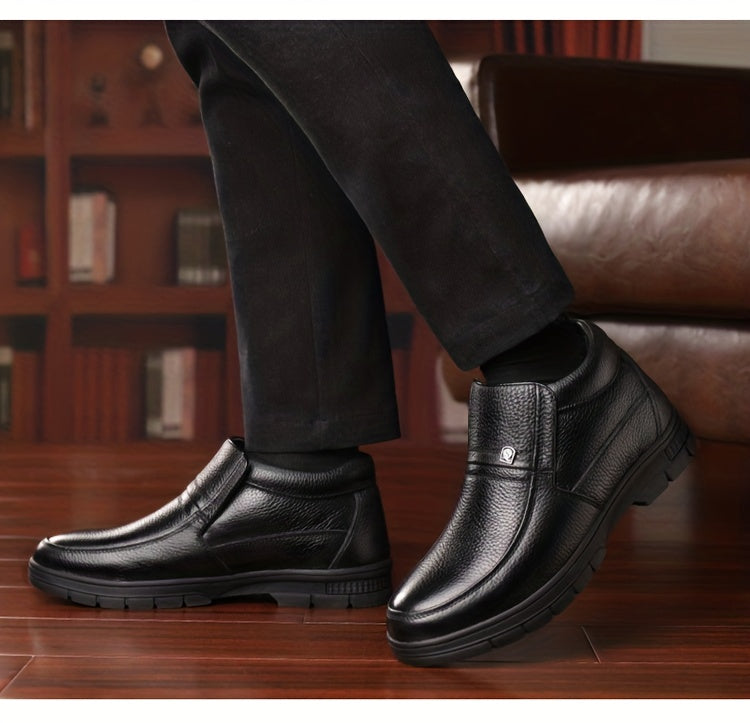 Genuine Leather 2025 Snow Boots Shoes Top Layer Cowhide Men's Boots Winter New Fashion Versatile Litchi Pattern Soft Leather Thick Sole Warm Shoes -Lined Work Boots Inner Filling with Cold Resistant Warmth, Warmth Locking Pow