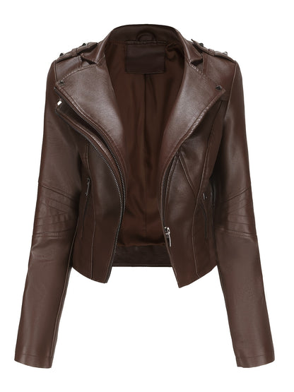 Women'S Casual Faux Leather Jacket, Solid Color, Long Sleeve, Regular Length, Fall/Winter, Zipper Placket, Woven, Non-Stretch Fabric, 100% Polyurethane, Lapel Collar, Dipped Hem Detail