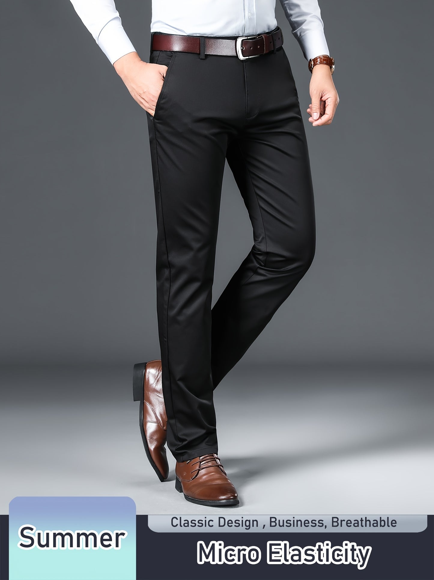 Men's Solid Pants With Pockets, Light Business Style Regular Fit Trousers For Outdoor Activities, Daily Wear For Spring And Autumn
