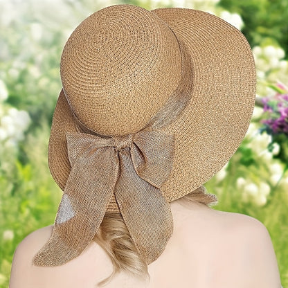 2pcs Women's Khaki Wave Beach Sun Hat & Woven Shoulder Bag Combo - Stylish Ruffled Brim Design, Lightweight & Breathable for Spring/Summer Beach Vacations and Outdoor Activities, Beach Accessories