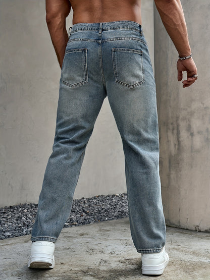 Men's Regular Fit Distressed Denim Jeans - Light Grey, Blend, Machine Washable, Year-Round Comfort & Style