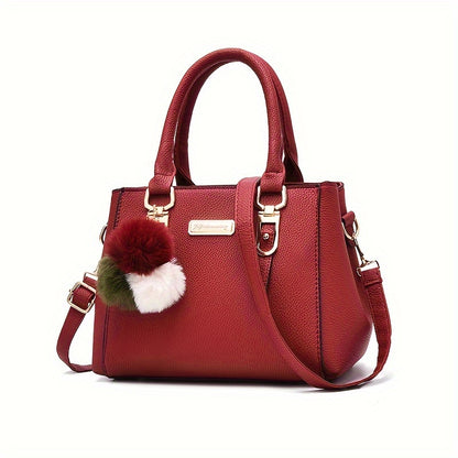 Դասական միագույն կրծկալով պայուսակ, նորաձև, էլեգանտ, համընկնող վերին բռնակով պայուսակ պոմպոնների դեկորով