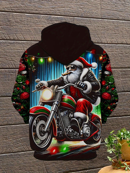 Men'S Christmas Hoodie with Santa Claus Riding Motorcycle & Reindeer Print - Warm Winter Pullover with Kangaroo Pocket, Machine Washable, Regular Fit Casual Long Sleeve Hoodie for Holiday Parties, Home Loungewear & Casual Att