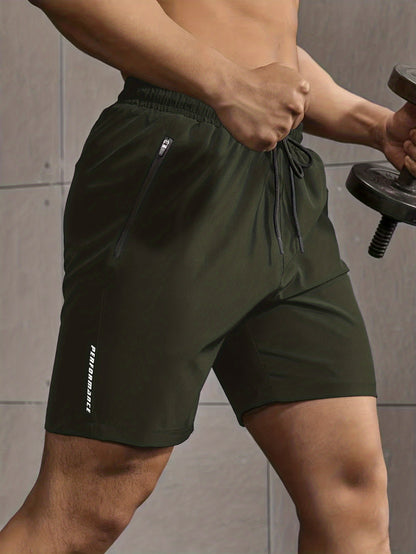 Super Thin Men's Casual Simple Style Comfy Shorts, PERFORMANCE Letter Print Home Pajamas Bottom With Zipper Pockets And Drawstrings, Men's Summer Outdoor Fitness Clothing