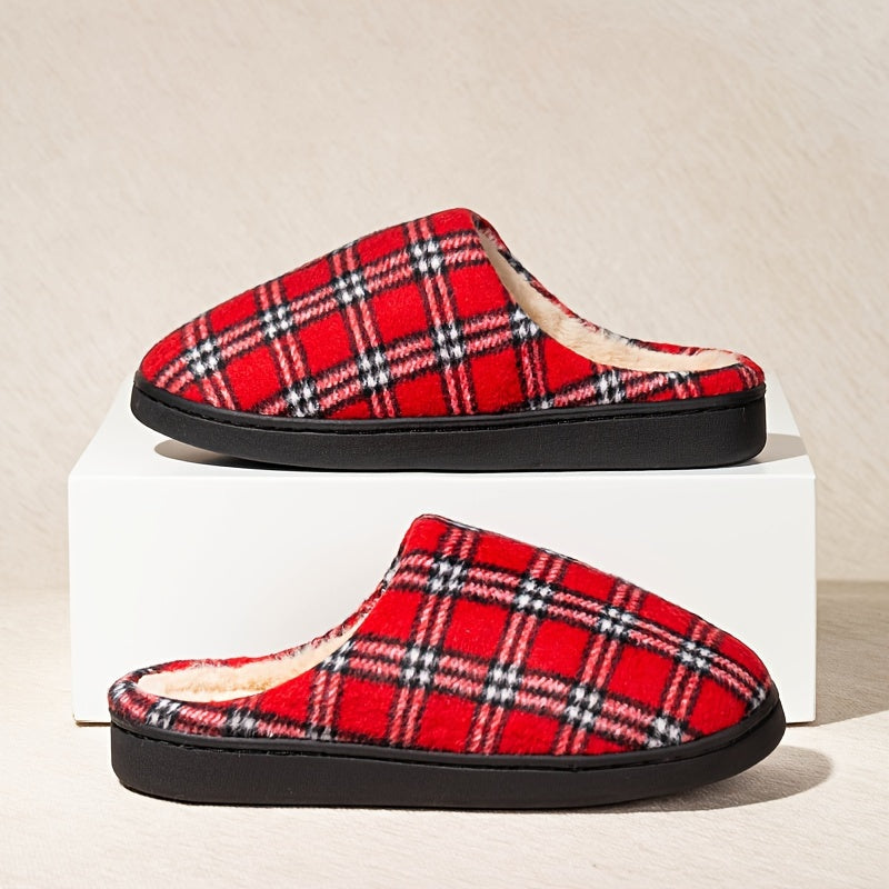 Unisex Plaid Slip-On Slippers for Men & Women - Comfortable Memory Foam Indoor/Outdoor House Shoes with TPR Sole, Warm Fabric Uppers, Blue & Red Options, Perfect for Everyday & Leisure Wear, House Slippers