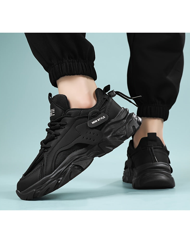Men's Fashion Chunky Sneakers - Sports & Casual Streetwear Shoes, Solid Color, Non-Slip Lace-Up, Thick Sole, Low Top Fabric Sneakers for All Seasons, Running & Hiking, Universal Fit - Round Toe