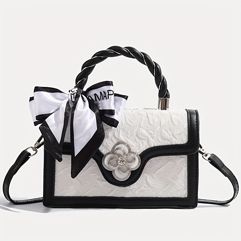 Chic Retro Square Crossbody Bag for Women - White Synthetic with Black Accents, Adjustable Strap & Metal Buckle Closure, Elegant Handbag for Commuting, Casual Outings & Everyday Use, Small Crossbody Bag