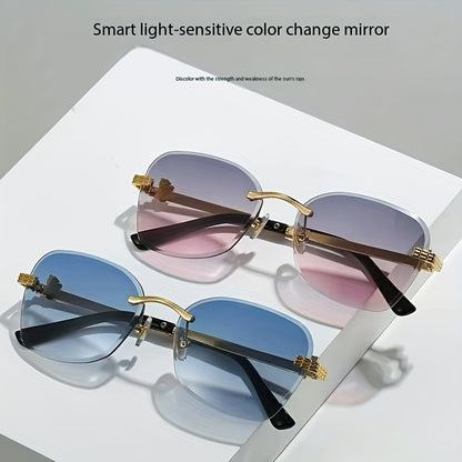 1 Pair Photochromic Square Fashion Glasses with PC Lenses & Golden-Tone Metal Frame - Transition Photochromic Lens Glasses, Rimless Design, Ideal for Trendy Men & Women, Perfect for Daily Wear & Gifting, Fashion Glasses|Squar