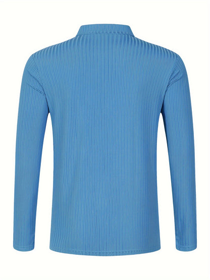 Men's Casual Sports Ribbed Long Sleeve Zipper Lapel Golf Shirt, Spring And Fall