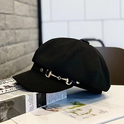 1pc Lightweight Woven Polyester Beret with Adjustable Drawstring & Metal Buckle – Stylish All-Season Hat for Women in Black or White, Perfect for Easter and Holiday Fashion