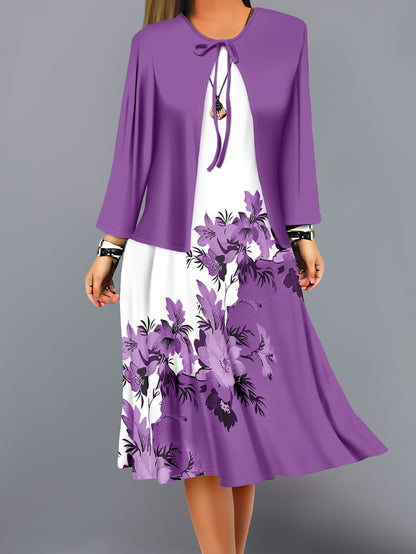 Fashion Women's solid color small cardigan and floral print patchwork dress two-piece set
