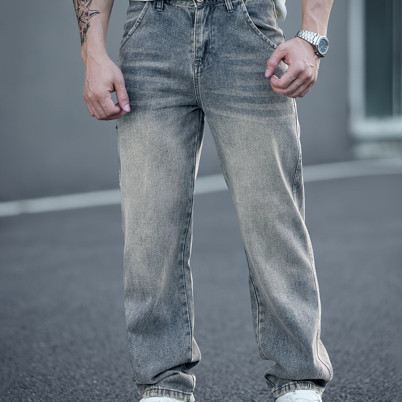 Men's Fashionable Washed Denim Wide-Leg Pants, Comfortable High-End Casual Trousers for All Seasons, Autumn-Winter, Versatile