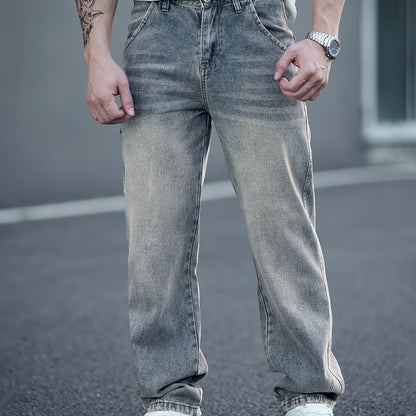 Men's Fashionable Washed Denim Wide-Leg Pants, Comfortable High-End Casual Trousers for All Seasons, Autumn-Winter, Versatile