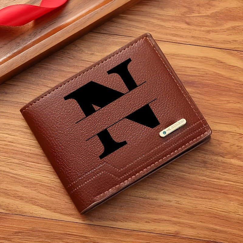 1pc Men's Business Style Faux Leather Wallet, Customizable Text and Initials, Solid Color Faux Leather with Contrast Accents, Compact Short Bifold Design for Easy Carrying - Perfect Birthday Gift for Boyfriend and Father, Per