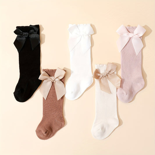 5pcs Girls' Bowknot Mid-Calf Socks - Soft Cotton Blend, Solid Color with Decorative Bows, Perfect for Spring & Autumn, Hand Wash Only, Cute Socks