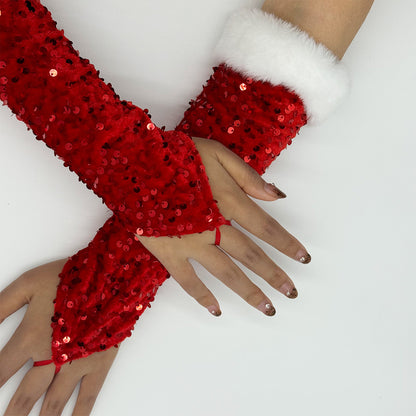 's Sparkling Red Sequin Long Gloves with White Cuff & Elastic Wrist - Glittering Fingerless Gloves for Christmas, New Year's Eve, Prom, Costume Parties - Elegant Performance Accessory (No Feathers/-Free)