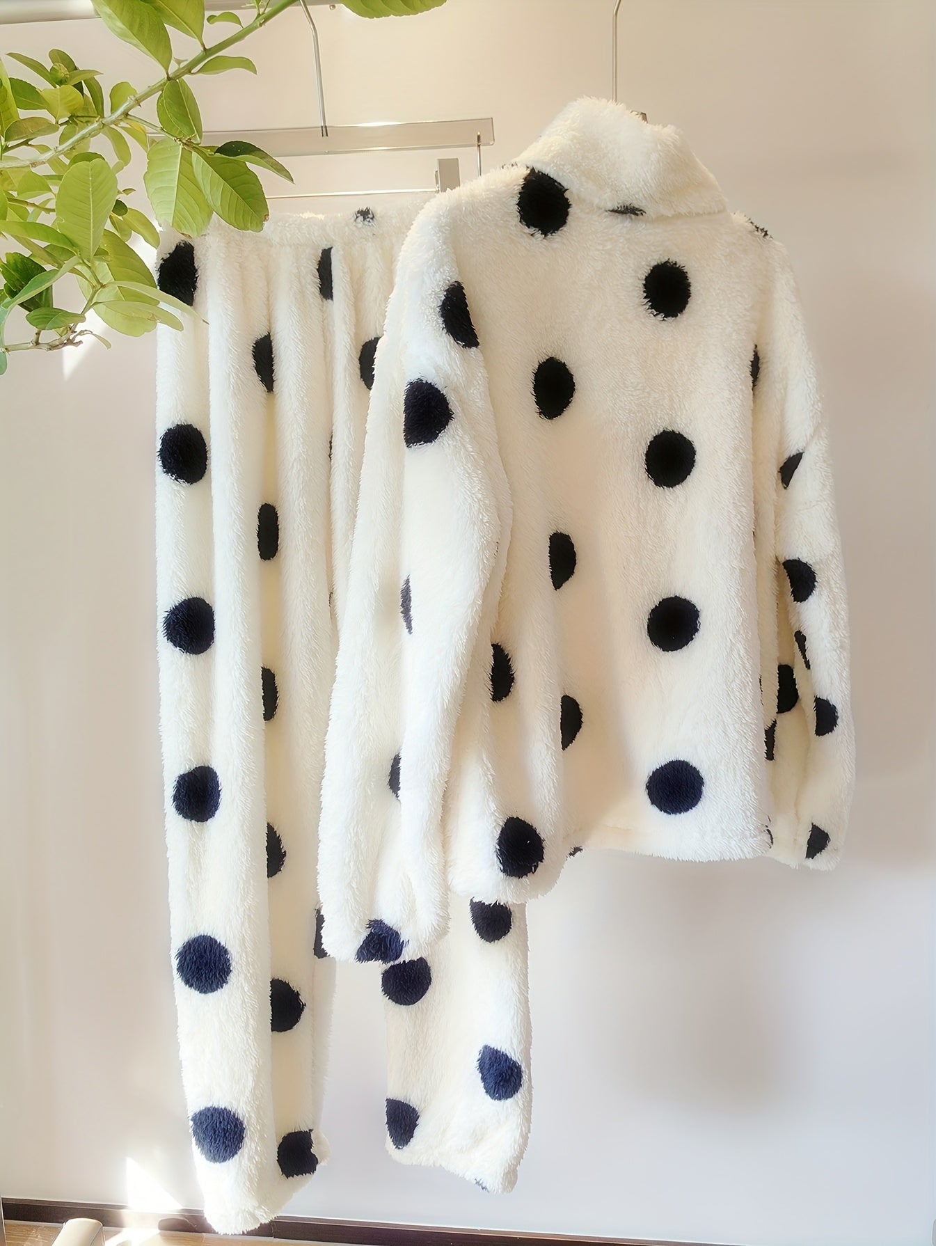 2pcs Women'S Autumn & Winter Loungewear Set | Polka Dot High Neck Zip-Up Jacket + Pants with Pockets, Loose Fit, Long Sleeve Drop Shoulder Style for Casual Home Wear.