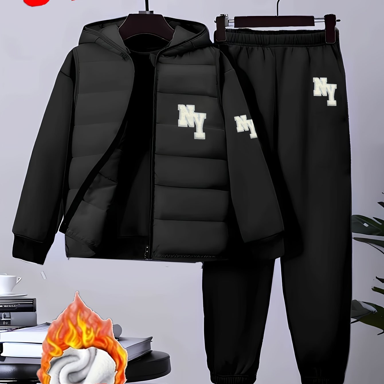 3pcs Boys' Winter Warm Uniform Set - NY Logo Lettered Jacket, Sweatshirt & Pants with Numbered Parch-Like Strips (8-12 Years) | Machine Washable 3pcs Outfit for, & Cold Weather | Non-Stretch Layered Clothing, Perfect for Outd