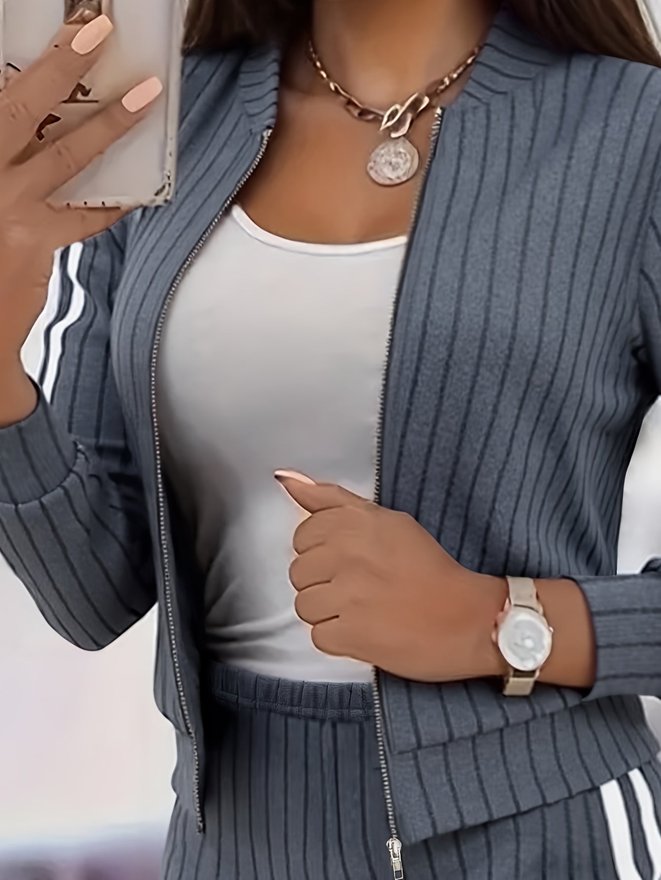 Women'S Stylish Casual Zip-Up Round Neck Ribbed Cardigan with Loose Straight Pants, a Two-Piece Casual Outfit - ayq